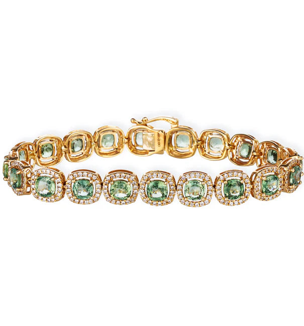14KT DIAMOND GREEN SAPPHIRE CUSHION SHAPE BRACELET