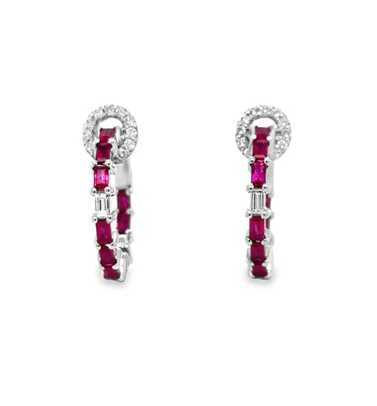 14KT WHITE GOLD RUBY AND DIAMONDS HOOP EARRING