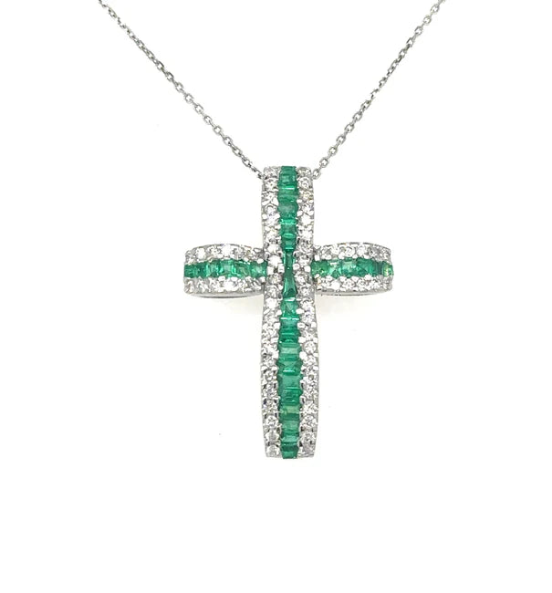 14KT YELLOW GOLD EMERALD AND DIAMONDS CROSS PENDANT