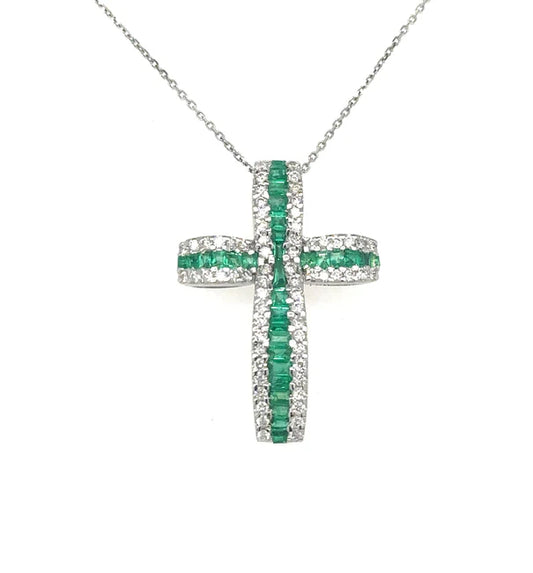 14KT YELLOW GOLD EMERALD AND DIAMONDS CROSS PENDANT