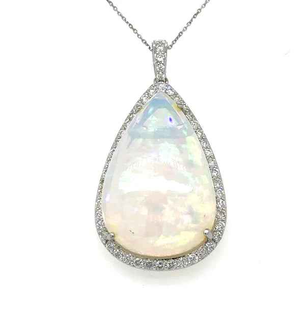 14KT WHITE GOLD OPAL PEAR SHAPE PENDENT WITH DIAMONDS