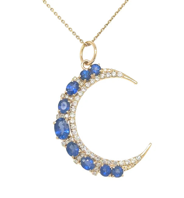 14KT YELLOW GOLD HALF MOON PENDANT WITH SAPPHIRE AND DIAMONDS