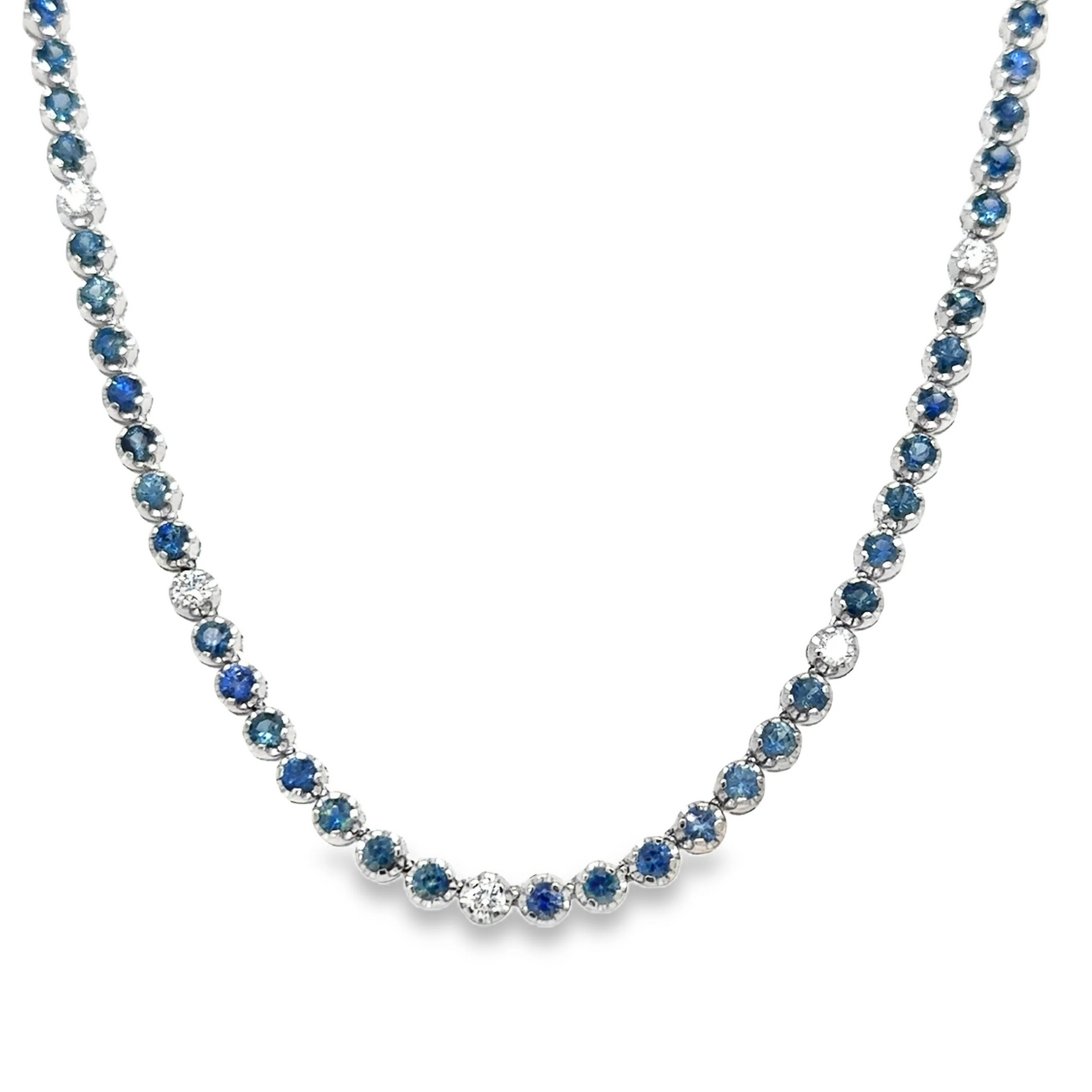 14KT GOLD BLUE SAPPHIRE AND DIAMOND TENNIS NECKLACE