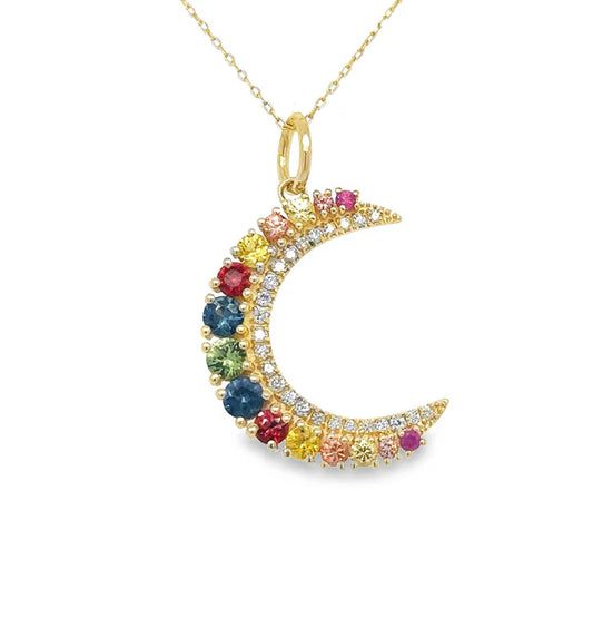 14KT YELLOW GOLD HALF MOON PENDANT WITH MULTI SAPPHIRE AND DIAMONDS