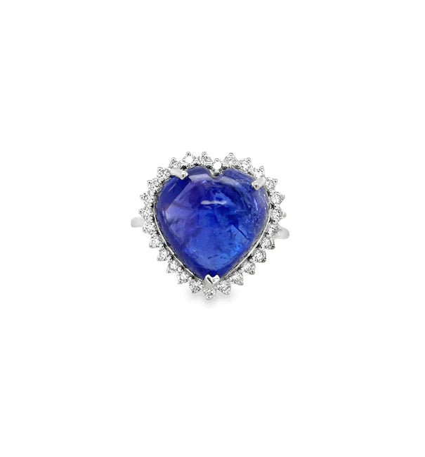14KT WHITE GOLD HEART SHAPE TANZANITE AND DIAMOND RING