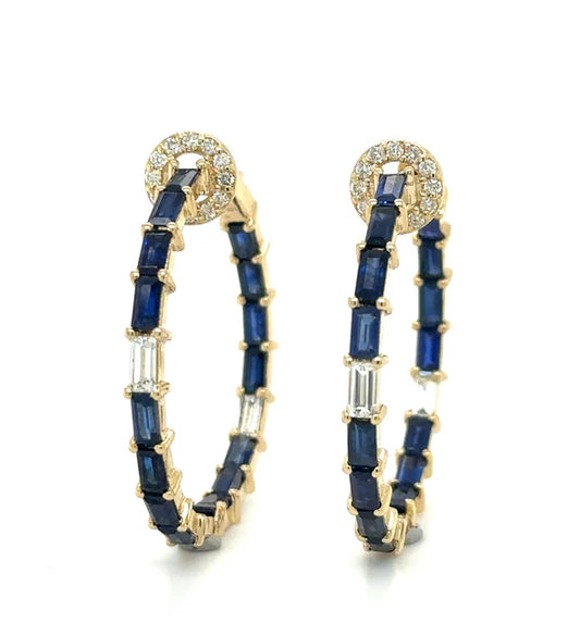 14KT YELLOW GOLD SAPPHIRE AND DIAMONDS HOOP EARING