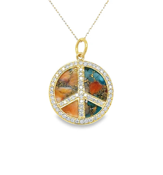 14KT YELLOW GOLD OYSTER TURQUOISE PEACE SIGN PENDANT WITH DIAMONDS