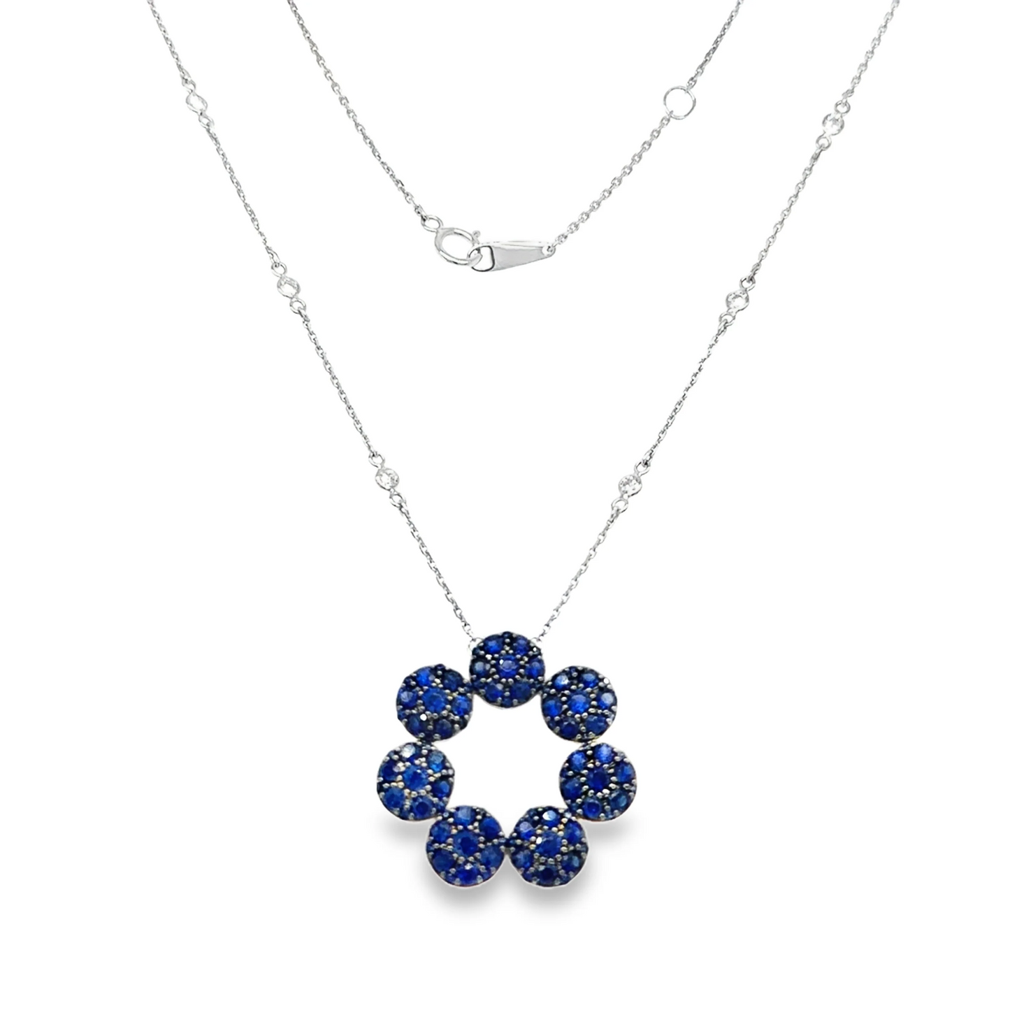18KT WHITE GOLD DIAMOND AND BLUE SAPPHIRE NECKLACE