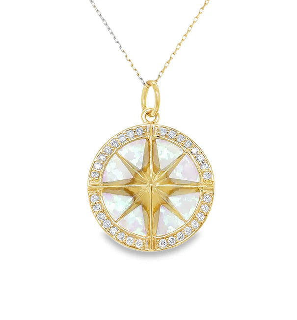 14KT YELLOW GOLD OPAL COMPASS PENDANT WITH DIAMONDS