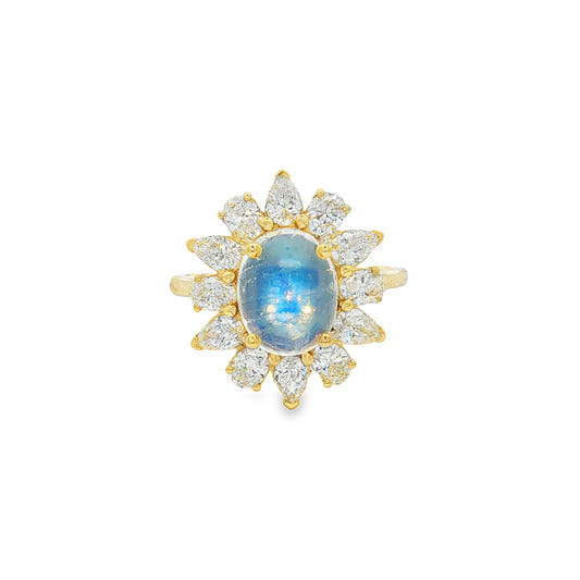 14KT YELLOW GOLD RAINBOW MOONSTONE AND DIAMONDS RING