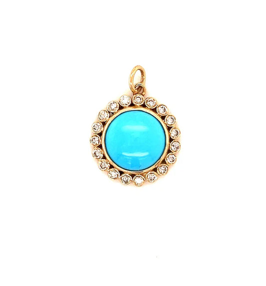 14KT GOLD TURQUOISE ROUND PENDANT WITH DIAMONDS