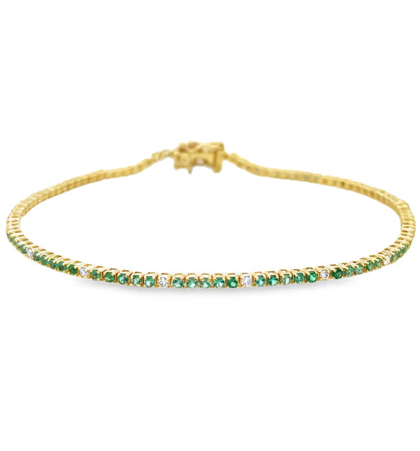 14KT YELLOW GOLD EMERALD AND DIAMOND TENNIS BRACELET