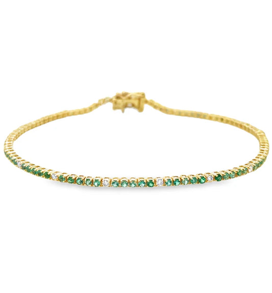 14KT YELLOW GOLD EMERALD AND DIAMOND TENNIS BRACELET