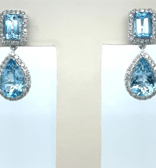 14K WHITE GOLD AQUAMARINE AND DIAMOND EARRING