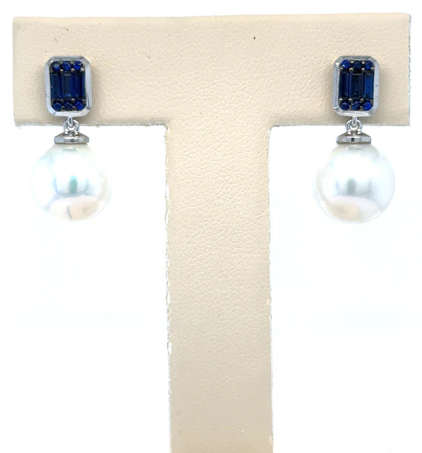 14KT WHITE GOLD FRESH WATER PEARL AND BLUE SAPPHIRE EARRING