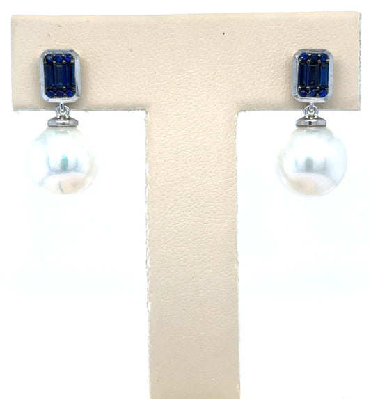 14KT WHITE GOLD FRESH WATER PEARL AND BLUE SAPPHIRE EARRING