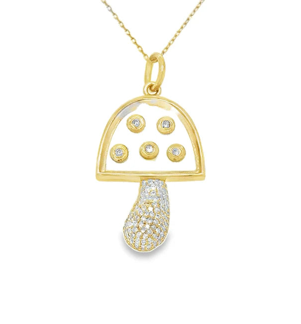 14KT YELLOW GOLD CLEAR QUARTZ MUSHROOM PENDANT WITH DIAMONDS
