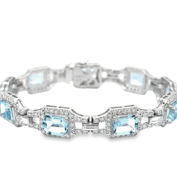 14KT WHITE GOLD AQUAMARINE AND DIAMONDS TENNIS BRACELET