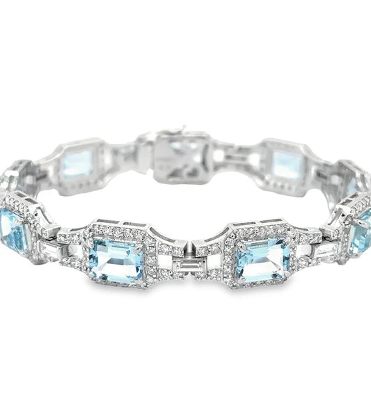 14KT WHITE GOLD AQUAMARINE AND DIAMONDS TENNIS BRACELET