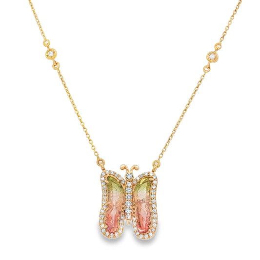 14KT YELLOW GOLD WATERMELON TOURMALINE AND DIAMONDS BUTTERFLY NECKLACE