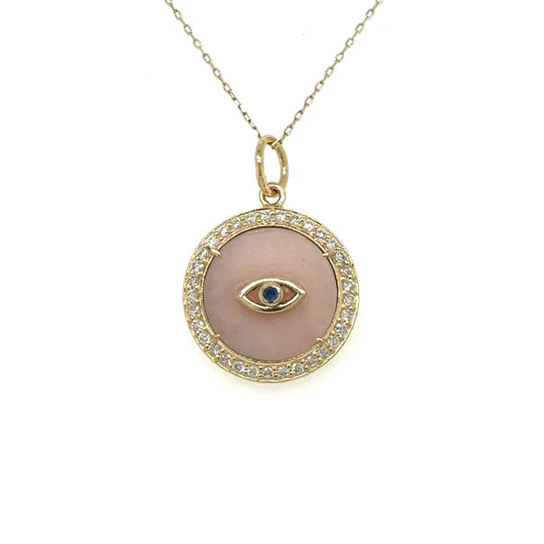 14KT YELLOW GOLD PINK OPAL EVIL EYE PENDENT WITH DIAMONDS