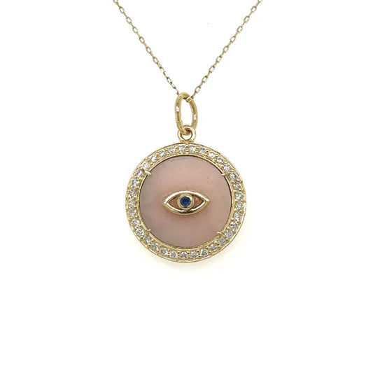 14KT YELLOW GOLD PINK OPAL EVIL EYE PENDENT WITH DIAMONDS