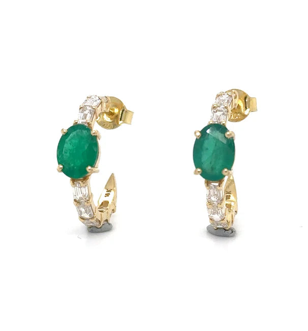18KT YELLOW GOLD EMERALD AND DIAMONDS HOOP EARRING