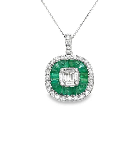 14KT WHITE GOLD EMERALD AND DIAMONDS PENDANT
