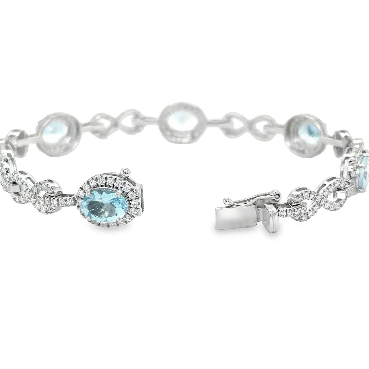 14KT WHITE GOLD AQUAMARINE AND DIAMONDS TENNIS BRACELET