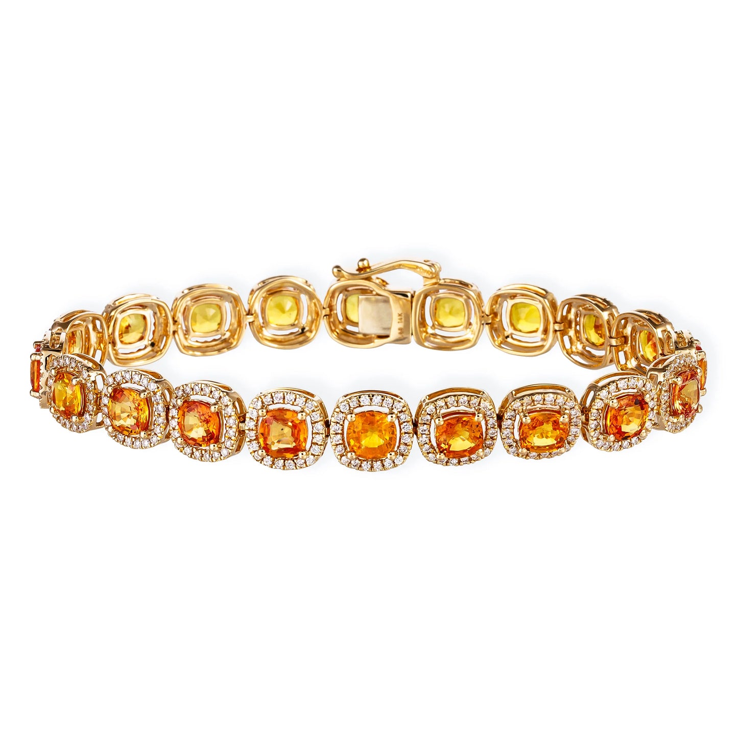 14KT DIAMOND ORANGE SAPPHIRE CUSHION SHAPE BRACELET
