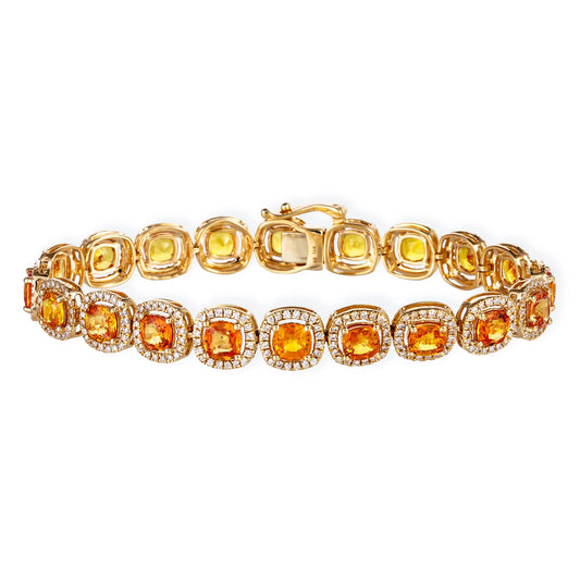 14KT DIAMOND ORANGE SAPPHIRE CUSHION SHAPE BRACELET