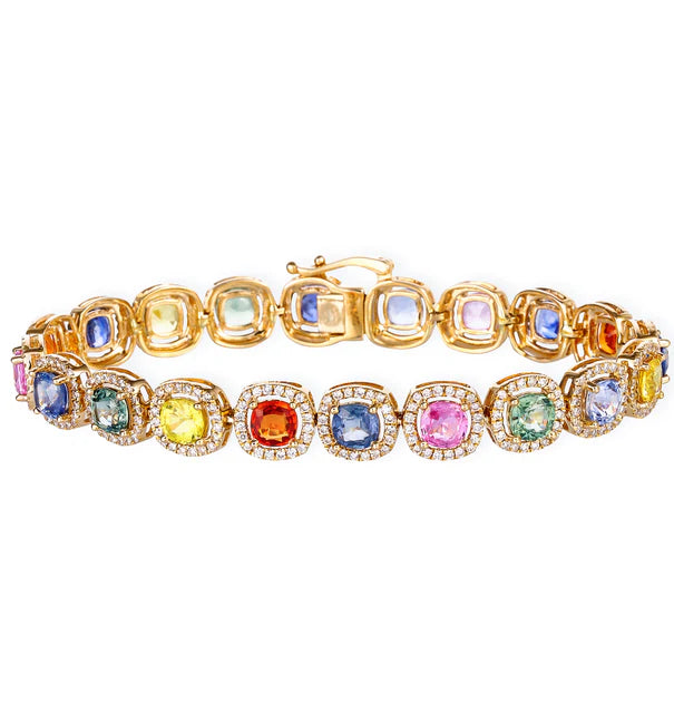 14KT DIAMOND MULTI SAPPHIRE CUSHION SHAPE BRACELET