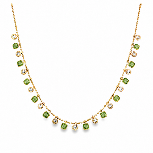 14KT YELLOW GOLD SQUARE SHAPE GREEN SAPPHIRE AND DIAMOND DANGLING NECKLACE