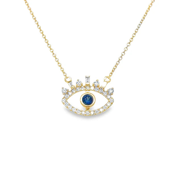 14K YELLOW GOLD DIAMOND EVIL EYE NECKLACE