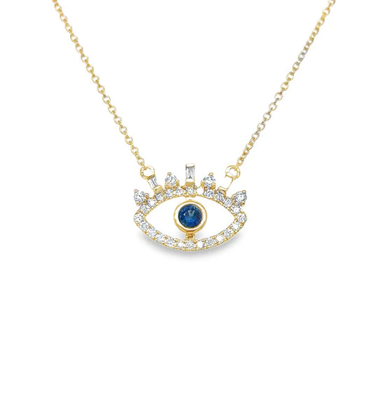 14K YELLOW GOLD DIAMOND EVIL EYE NECKLACE