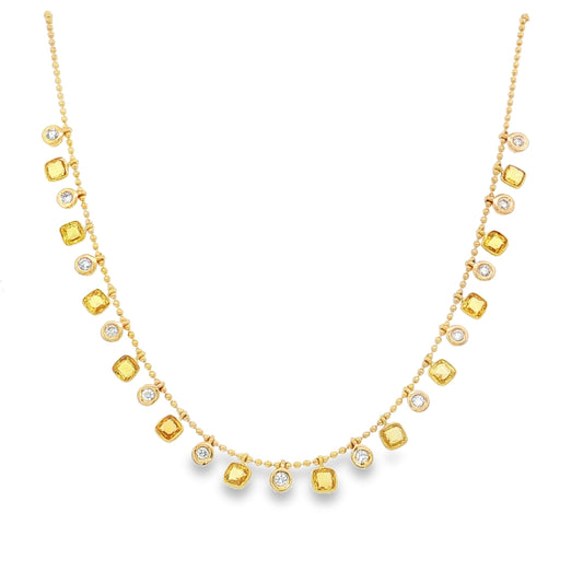 14KT YELLOW GOLD SQUARE SHAPE YELLOW SAPPHIRE AND DIAMOND DANGLING NECKLACE