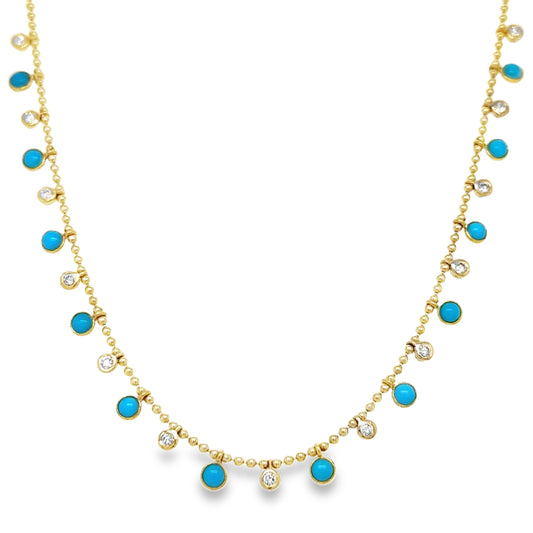 14KT GOLD ROUND SHAPE TURQUOISE AND DIAMOND DANGLING NECKLACE