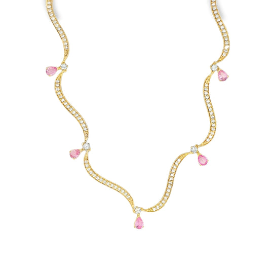 14KT YELLOW GOLD WAVY CHAIN NECKLACE WITH PINK SAPPHIRE DROPS