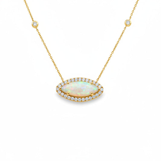 14KT YELLOW GOLD MARQUISE SHAPE OPAL AND DIAMONDS NECKLACE