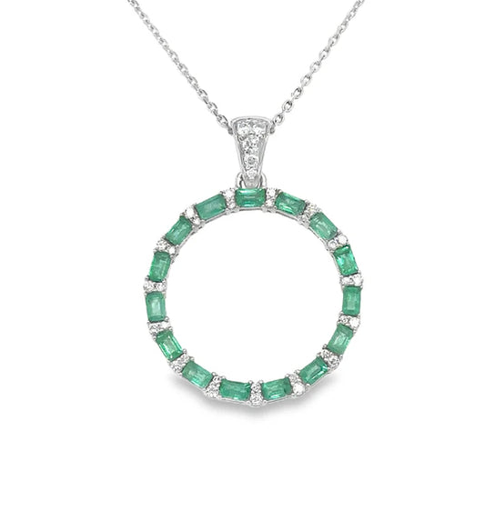 18KT WHITE GOLD EMERALD AND DIAMOND OPEN CIRCLE NECKLACE