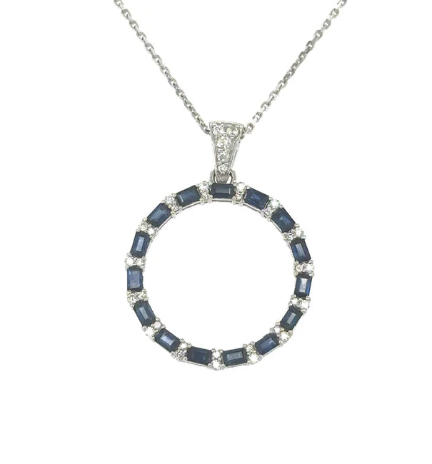 18KT WHITE GOLD SAPPHIRE AND DIAMOND OPEN CIRCLE NECKLACE