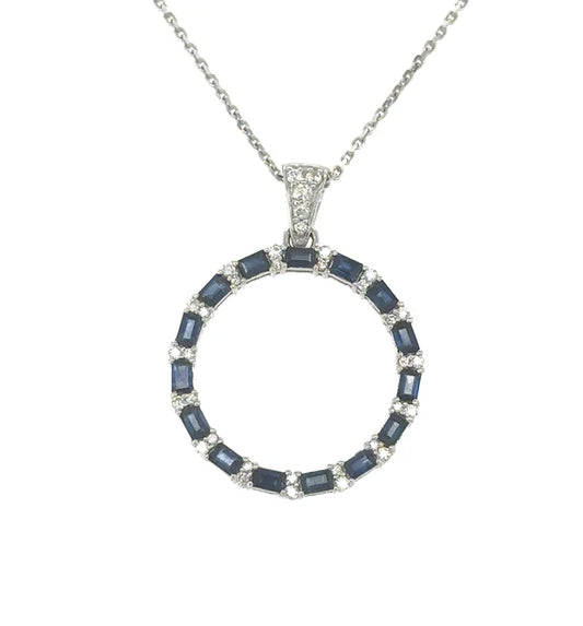 18KT WHITE GOLD SAPPHIRE AND DIAMOND OPEN CIRCLE NECKLACE