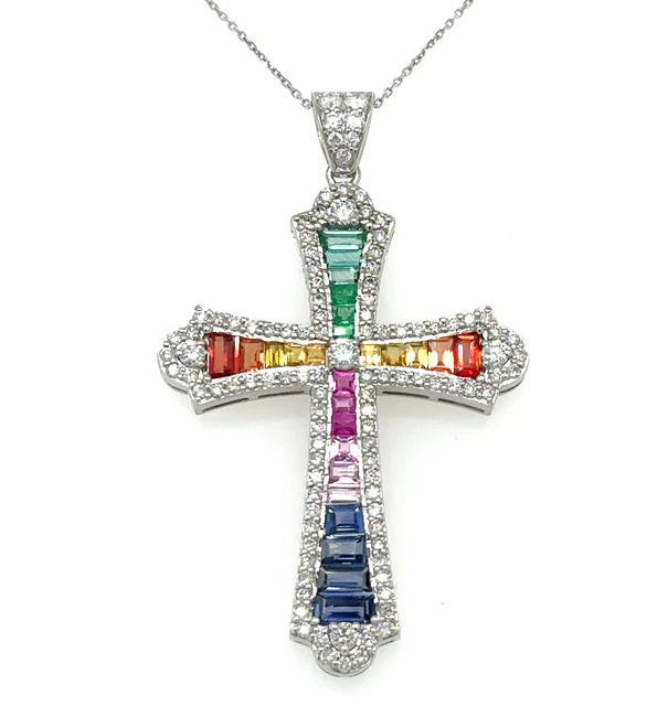 14KT WHITE GOLD MULTI SAPPHIRE, EMERALD AND DIAMONDS CROSS PENDANT