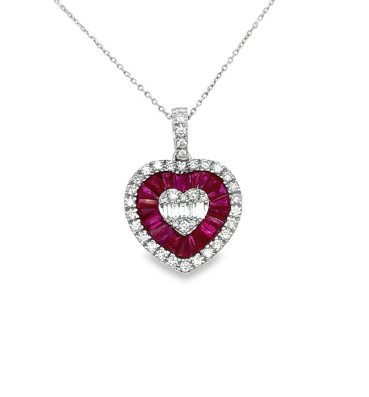 14KT WHITE GOLD RUBY AND DIAMONDS HEART SHAPE PENDANT