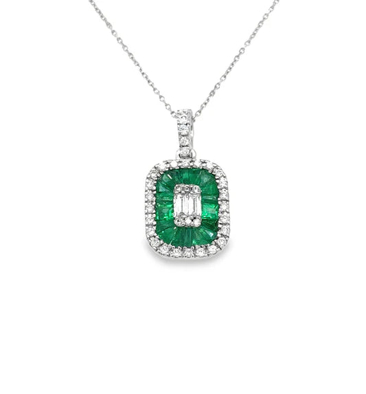 14KT WHITE GOLD EMERALD AND DIAMONDS PENDANT