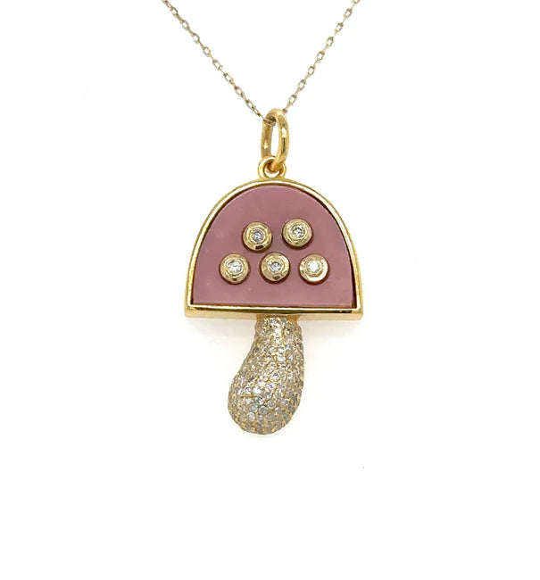 14KT YELLOW GOLD PINK OPAL MUSHROOM PENDANT WITH DIAMONDS