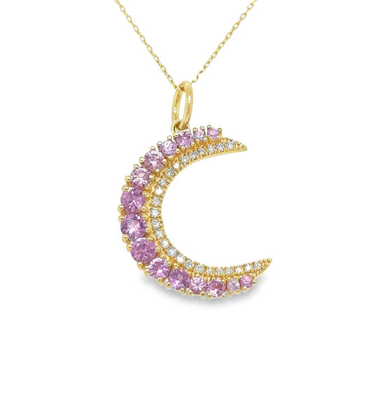 14KT YELLOW GOLD HALF MOON PENDANT WITH PINK SAPPHIRE AND DIAMONDS