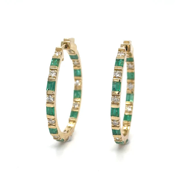 14K YELLOW GOLD EMERALD AND DIAMOND HOOP EARRING