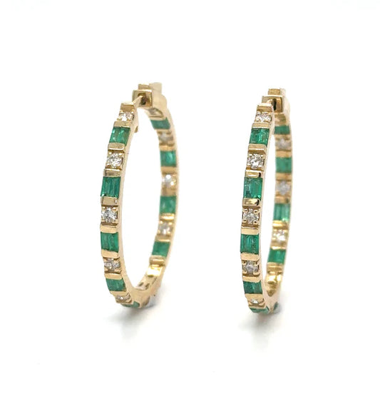 14K YELLOW GOLD EMERALD AND DIAMOND HOOP EARRING