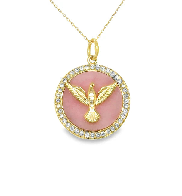 14KT YELLOW GOLD PINK OPAL BIRD PENDANT WITH DIAMONDS